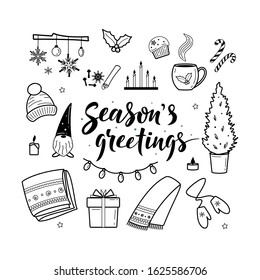 Big set of hygge lifestyle cozy elements. Season's greetings. Winter elements for greeting cards, posters, stickers and seasonal design. Isolated on white. Christmas decorations