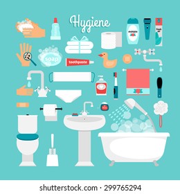 Big set of hygiene: bath, toilet, sink, sponge, shampoo, shower, soap, towel, toothbrush, toothpaste