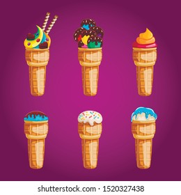 Big set ice cream with different filling. Sweet vector illustration