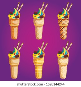 Big set ice cream with different waffle texture. Sweet vector illustration