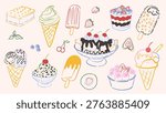 Big set of ice cream and frozen desserts. Vector doodle illustration of sundae, gelato cones, popsicle, ice cream sandwich, and fruit parfaits isolated on background for menu design.
