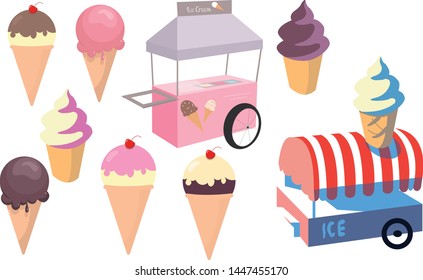 big set with ice cream: tasty colored chocolate popsicles cherry pink strawberry syrup topping sauce, van with ice cream. booth, shop, kiosk seller business cook
