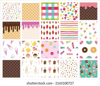 Big set Ice cream,candy seamless pattern,with with colorful cute candy sprinkles long border, banner seamless pattern, cartoon style. vector illustration
