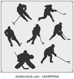 Big set of ice hockey player silhouettes. Print design for t-shirt. 