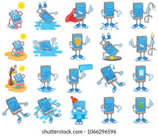 Big set icon with different smartphone gadget tablet mobile problem and situation   happened with phone need help clean repair service support fix Modern illustration flat design cartoon character
