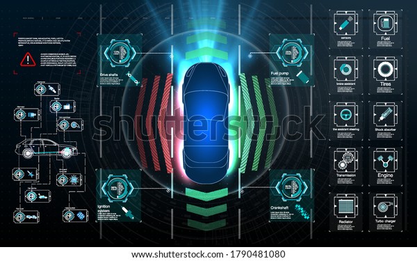 Big Set Icon. Driverless car. Self driving vehicle.\
Future concepts smart auto. HUD, GUI, hologram Automatic braking\
system avoid car crash from car accident. Concept for driver\
assistance systems. 