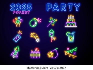 Big set icon. Isolated icon neon style. Theme night club, disco and karaoke. Logo, emblem and label. Line icons colorful. Vector illustration.