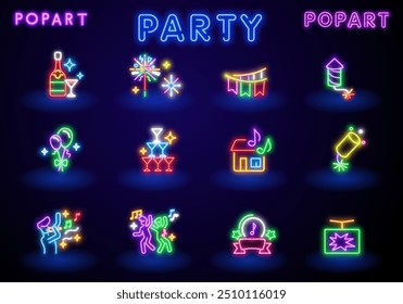 Big set icon. Isolated icon neon style. Theme night club, disco and karaoke. Logo, emblem and label. Line icons colorful. Vector illustration.