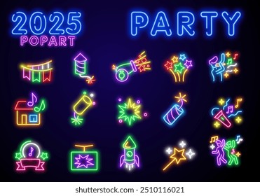 Big set icon. Isolated icon neon style. Theme night club, disco and karaoke. Logo, emblem and label. Line icons colorful. Vector illustration.