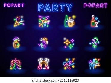 Big set icon. Isolated icon neon style. Theme night club, disco and karaoke. Logo, emblem and label. Line icons colorful. Vector illustration.