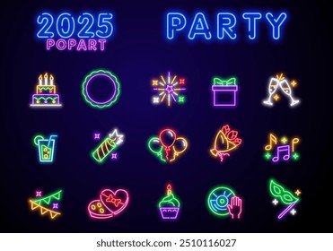 Big set icon. Isolated icon neon style. Theme night club, disco and karaoke. Logo, emblem and label. Line icons colorful. Vector illustration.