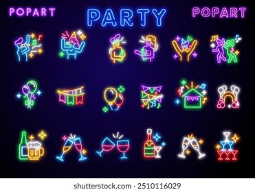 Big set icon. Isolated icon neon style. Theme night club, disco and karaoke. Logo, emblem and label. Line icons colorful. Vector illustration.