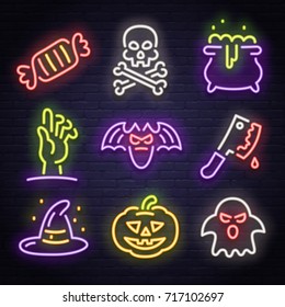 Big set icon neon sign. Happy Halloween. Neon sign, bright signboard, light banner. 