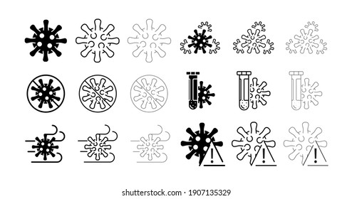 A big set icon of viruses drawn in 18  different thicknesses. Flu and coronavirus icon set. The coronavirus outbreak. Pandemic coronavirus icon set concept.