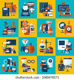 Big set of icons about education and college subjects. Modern flat style. Colorful illustrations.