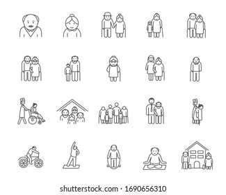 Big set of icons of aged people doing various activities in black and white with copy space. Vector illustrations