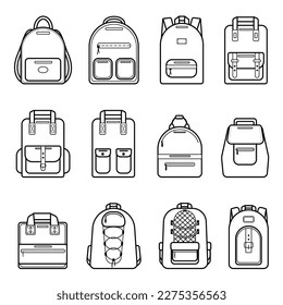 Big set icons of backpacks, isolated on white background. Black and white simple accessory icons. Sports, tourist and women's backpacks of various shapes. Vector illustration 