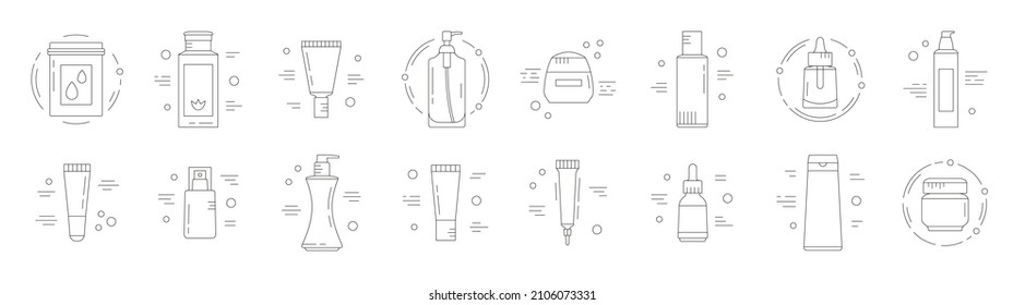 Große Auswahl an Symbolen mit Kosmetikprodukten. Hautpflege und koreanische Kosmetik. Kann im Web, Typografie, Paketdesign, als Highlights usw. verwendet werden. Schwarz-Weiß. Vektorgrafik