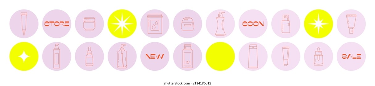 Big set of icons with beauty products. Skin care and Korean cosmetics. Can be used in web, typographic, social media and package design, as highlights. Online shopping. Ideal for beauty store or blog 