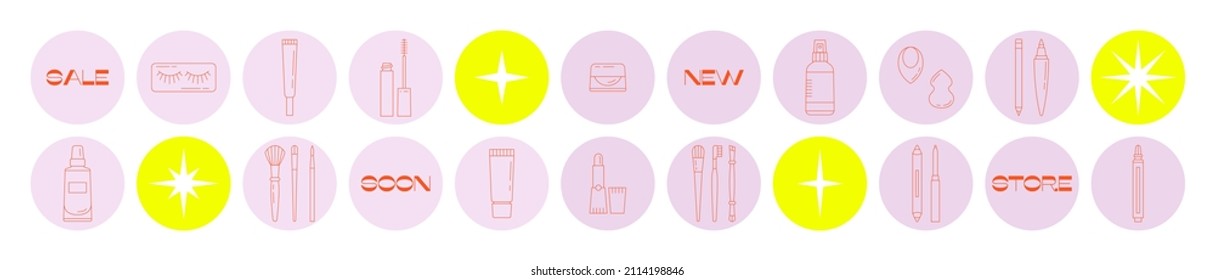 Big set of icons with beauty products. Make up and Korean cosmetics. Can be used in web, typographic, social media and package design, as highlights. Online shopping. Ideal for beauty store or blog 