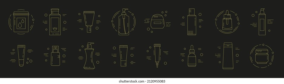 Big set of icons with beauty products. Skin care and Korean cosmetics. Can be used in web, typographic, package design, as highlights etc. Online shopping concept. Black and white. Vector illustration