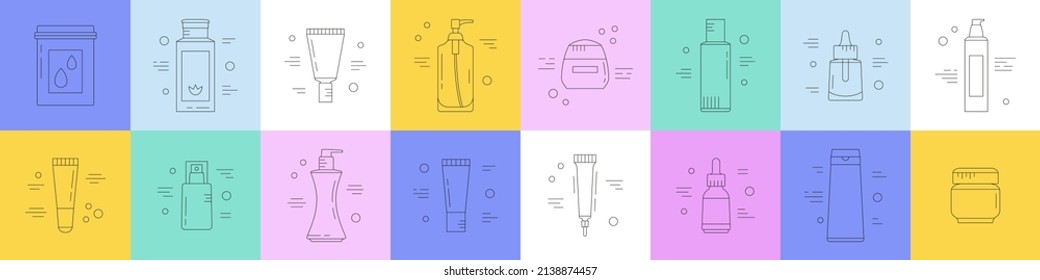 Gran conjunto de íconos con productos de belleza. Cuidado de la piel y cosméticos coreanos. Se puede usar en web, tipografía, diseño de paquetes, como destacados, etc. Concepto de compras en línea. Ilustración vectorial colorida.