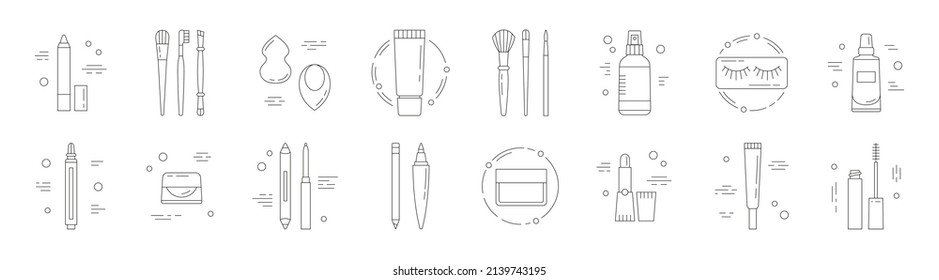 Gran conjunto de íconos con productos de belleza. Maquillaje y cosméticos coreanos. Se puede usar en web, tipografía, diseño de paquetes, como destacados, etc. Concepto de compras en línea. Blanco y negro. Ilustración del vector