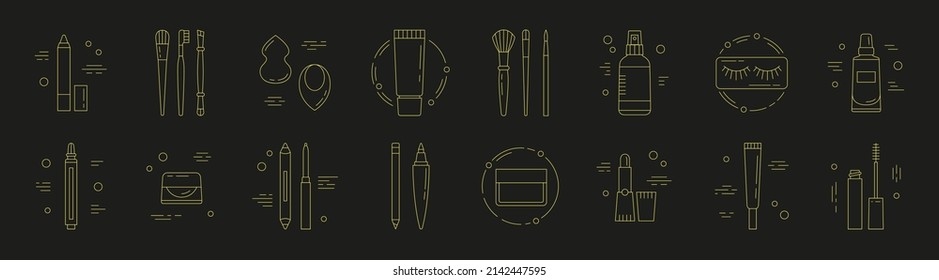 Big set of icons with beauty products. Makeup and Korean cosmetics. Can be used in web, typographic, package design, as highlights etc. Online shopping concept. Black background. Vector illustration