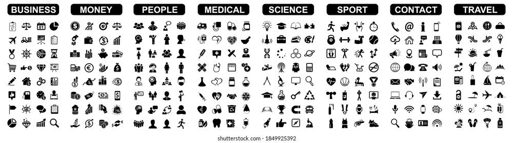 Big set icons by category: business, money, people, medical, science, sport, contact, travel, and many more for any cases of life using – stock vector