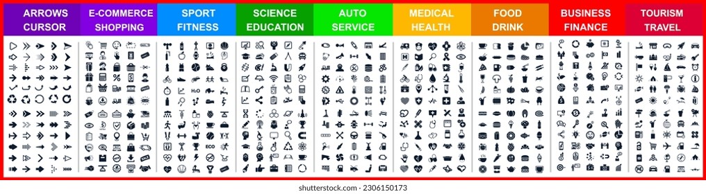 Big set icons by category: arrows, shopping, sport, science, auto, medical, food drink, business, travel and many more for any cases of life using