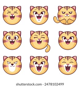 Big Set of icons with cat faces and different emotions. Cute kitten, kitty cat. Red striped funny kitten Kids Collection. Sticker printing. Flat design. White background. Vector