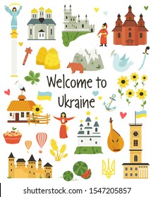 Big Set of icons, characters, food and landmarks of Ukraine. National Ukrainian symbols. Vector bundle in a flat style