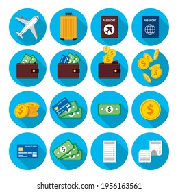 Big set of icons in a circle. Money, gold coins, credit card. Cash and non-cash payments, a bag of money. Flight, plane, suitcase, passport, tourist, vacation, business trip-01.
