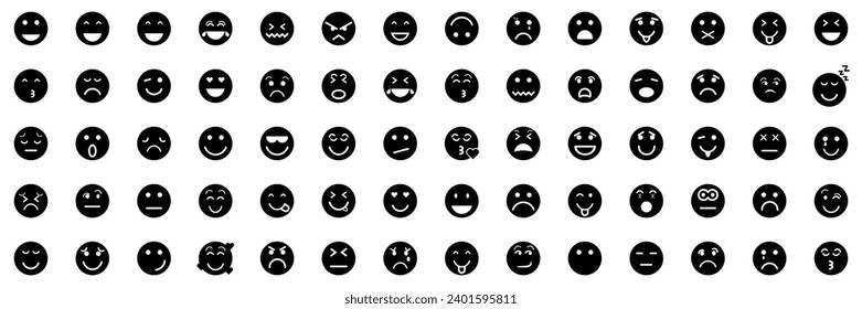 big set of icons emoticons black and white background	