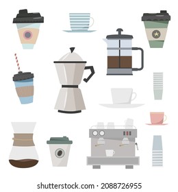 Big set of icons in flat style. Stylish coffee set of icons. Coffee, coffee drinks, coffee pots, and other devices. Vector illustration, isolated elements on white background.
