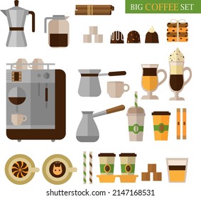 Big set of icons in flat style. Stylish coffee icon set. Coffee, coffee drinks, coffee pots and other appliances and desserts.
