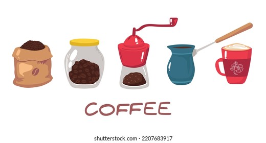 Big set of icons in flat style. Stylish coffee set of icons. Coffee, coffee drinks, coffee pots, and other devices and desserts.