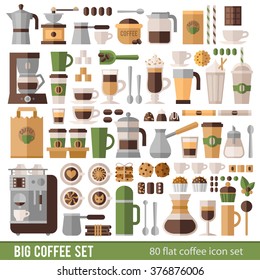 Big set of icons in flat style. Stylish coffee set of icons. Coffee, coffee drinks, coffee pots, and other devices and desserts.