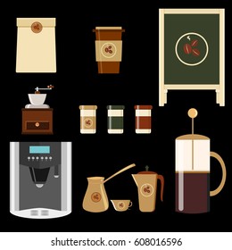 Big set of icons in flat style. Stylish coffee set of icons. Coffee, coffee drinks, coffee pots, and other devices