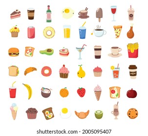 Big set icons food, flat style. Fruits, vegetables, meat, bread, fast food, sweets. Meal icon isolated on white background. Ingredients collection