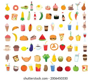 Big set icons food, flat style. Fruits, vegetables, meat, bread, fast food, sweets. Meal icon isolated on white background. Ingredients collection