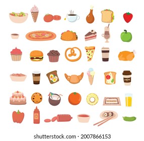 Big set icons food, flat style. Fruits, vegetables, meat, bread, fast food, sweets. Meal icon isolated on white background. Ingredients collection