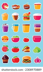 Big set icons food, flat style. Fruits, vegetables, meat, bread, fast food, sweets. Meal icon isolated on white background. Ingredients collection