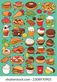 Big set icons food, flat style. Fruits, vegetables, meat, bread, fast food, sweets. Meal icon isolated on white background. Ingredients collection