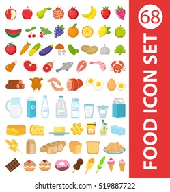Big set icons food, flat style. Fruits, vegetables, meat, fish, bread, milk, sweets. Food icons isolated on white background. Ingredients collection. Vector illustration