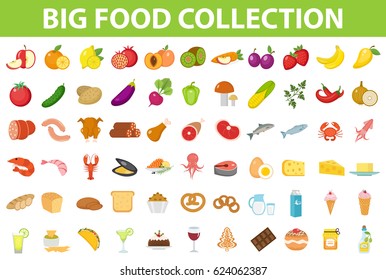 Big set icons food, flat style. Fruits, vegetables, meat, fish, bread, milk, sweets. Meal icon isolated on white background. Ingredients collection. Vector illustration