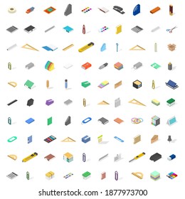 Gran conjunto de íconos aislados en fondo blanco, oficina y escuela. Estilo isométrico plano 3d, ilustración vectorial.