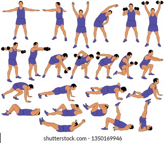 Big set of icons of man in costume doing fitness and sport workout isolated on white background. Vector silhouettes of boy practicing exercises in different positions. Active and healthy life concept.