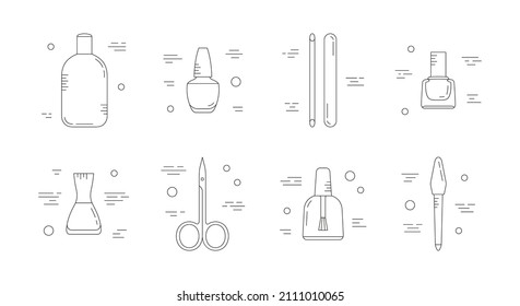 Big set of icons with manicure and pedicure supplies. Self care and cosmetics. Can be used in web, typographic, package design, as highlights etc. Online shopping concept. Vector illustration