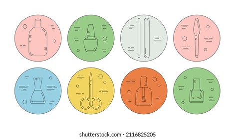 Big set of icons with manicure and pedicure supplies. Self care and cosmetics. Can be used in web, typographic, package design, as highlights etc. Online shopping concept. Vector illustration